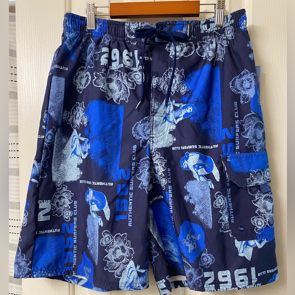 Sideout Aqua Blue Navy and Light Blue Hawaiian Hula Girl Floral Swim Shorts NWT
